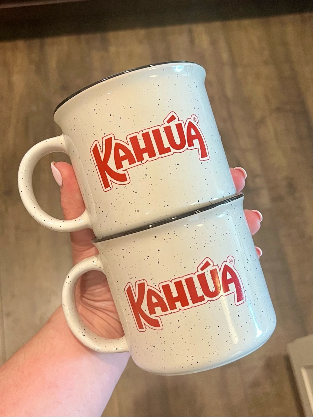 Kahlúa Logo Speckled Ceramic Mugs - Cream with Red Logo (Set of 2) NEW